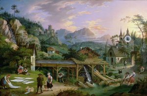 Obrazové hodiny s výjevem krajiny alpské vesnice s hodinovým strojem ve věži kostela, 1833 (olej na železné desce) od C. L. Hoffmeister