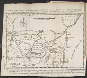 Mapa Země pěti národů, patřící do provincie New York; a jezer, v jejichž blízkosti žijí národy dalekých indiánů, s částí Kanady od Cadwallader Colden