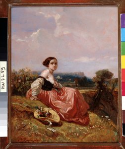 Mladá dívka v klobouku před obrazem Sainte Mountain Victoire od Camille Roqueplan (1803-1855) Rozm. 18x23 cm Povinná zmínka: Založení sbírky pozdravů z Provence, Marseille