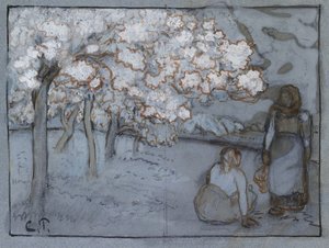 Kompoziční studie dvou venkovanek rozmlouvajících v sadu, kolem roku 1894 (červenohnědá a indická tuš nad uhlím zvýrazněná tělovou barvou na modrém papíře) od Camille Jacob Pissarro