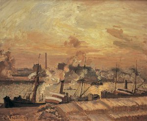 Déchargement de bois, quai de la Bourse, coucher de soleil, 1898. od Camille Jacob Pissarro