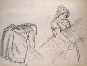 Study of Two Female Harvesters, 1882 (černá křída na růžovém papíře s bílou) od Camille Jacob Pissarro