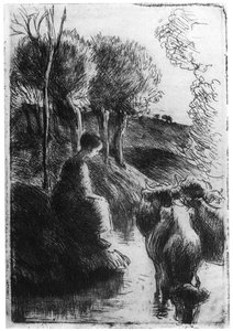 Vachere au Bord de Leau, pastevec krav u vody, c1850-1900 1924 od Camille Jacob Pissarro
