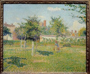 Žena v plátně aneb „Jarní slunce v Pre of Eragny““ Obraz Camille Pissarro (1830-1903) 1887 Sun. 0,54x0,65 m Paříž, musee d