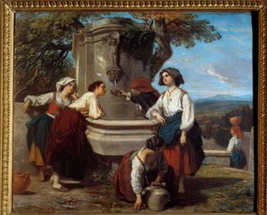 Ossaloise u fontány Farmáři z údolí Ossau se scházejí, aby diskutovali u fontány. Obraz Camille Roqueplan (1803-1855)