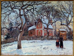 Krajina kaštanů a Louveciennes ve sněhu. Obraz Camille Pissarro (1830-1903) 1872 Ne. 0,41x0,52 m Paříž, musee d