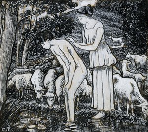 Chloë mytí Dafnis u potoka, kompoziční studie pro ilustraci, c1895 od Camille Pissarro