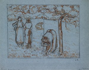 Kompoziční studie čtyř rolnic pracujících v sadu „Jaro“, c1894 od Camille Pissarro