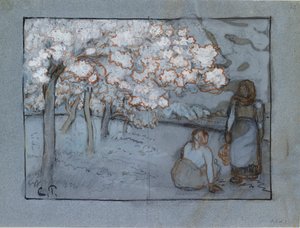 Kompoziční studie dvou rolnic konverzujících v sadu, c1894 od Camille Pissarro