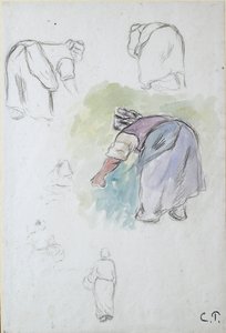 List studií: čtyři studie ohýbání selky a dvě studie ženy držící basu od Camille Pissarro