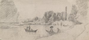 Studie říční krajiny s loděmi, 1863-1864 od Camille Pissarro