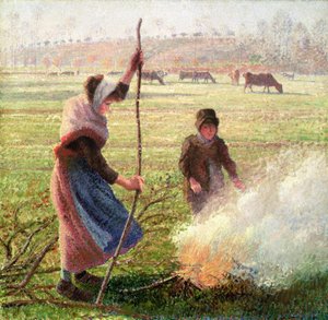 White Frost, žena lámající dřevo od Camille Jacob Pissarro