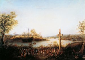 Jacques Cartier (1491-1557) staví kříž na Stadaconě, kde nyní stojí město Quebec