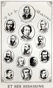 Louis Riel (1844-85) a jeho vrazi, ilustrace z Le Gibet de Regina, vydáno 1886
