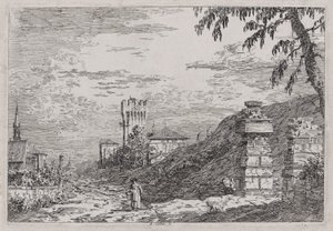 Krajina s věží a dvěma zničenými sloupy, ze série Vedute (Pohledy) od Canaletto (Giovanni Antonio Canal)