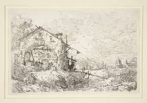 Krajina se ženou u studny, ze série Vedute (Views) od Canaletto (Giovanni Antonio Canal)