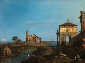 Ostrov v laguně s bránou a kostelem od Canaletto