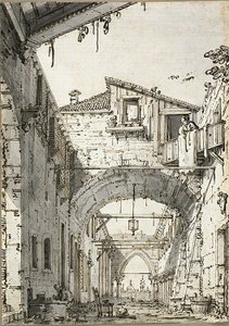 Capriccio: Ulice protnutá oblouky (recto) Náčrtky dveří, schodiště a druhého patra budovy (verze) od Canaletto