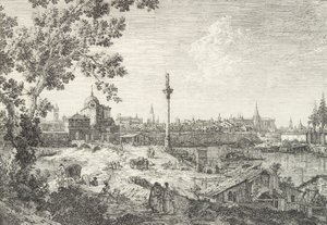 Imaginární pohled na Padovu se zvonicí a kupolovým kostelem vlevo, sloup překonaný..., 1735-46. od Canaletto