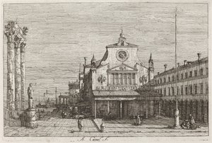 Imaginární pohled na S. Giacomo di Rialto [vpravo nahoře] od Canaletto