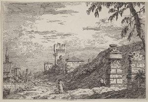 Krajina s věží a dvěma zřícenými sloupy od Canaletto