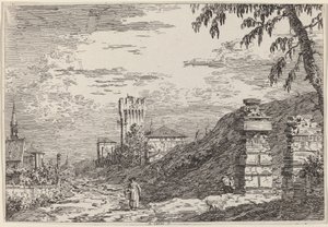 Krajina s věží a dvěma zničenými sloupy, c. 17351746. od Canaletto