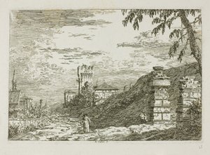 Krajina s věží a dvěma zničenými sloupy, z Vedute od Canaletto