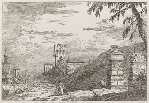 Krajina s věží a dvěma zničenými sloupy [vlevo] od Canaletto