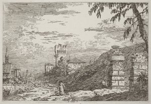 Krajina s věží a dvěma zřícenými sloupy [vlevo] od Canaletto
