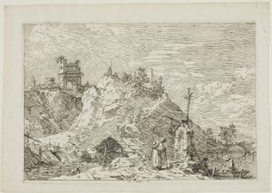 Krajina s poutníkem na modlitbě, z Vedute od Canaletto