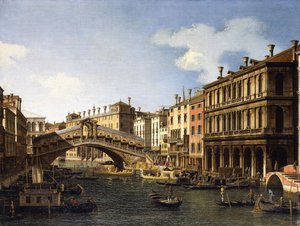 Most Rialto, Benátky, z jihu s naloděním prince Saska během jeho návštěvy v roce 1740, od Giovanni Antonio Canal