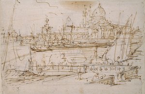 Benátky: Dogana a S. Maria della Salute z Molo di Terranova, polovina 18. století od Canaletto