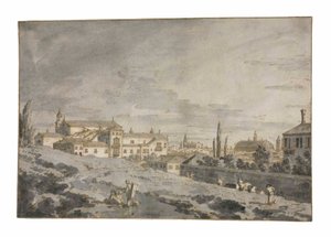 Pohled na Padovu zvenčí městských hradeb s kostelem San Francesco od Giovanni Antonio Canal