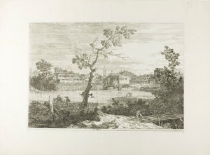 Pohled na město na břehu řeky, z Vedute od Canaletto