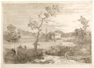 Pohled na město na břehu řeky, ze série „Pohledy“ od Canaletto