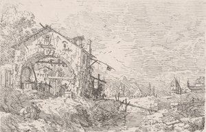 Žena čerpající vodu ze studny pod podloubím vlevo, s krajinou vpravo, 1..., 1717-68. od Canaletto