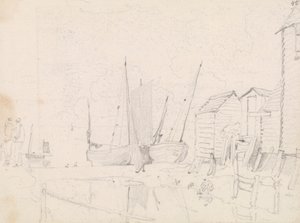 Náčrt plážových plachetnic a chatek na chůdách, Hastings od Capt. Thomas Hastings