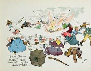 Búrský piknik na Middle Hill narušený naší houfnicí, z knihy "The Leaguer of Ladysmith", 1900