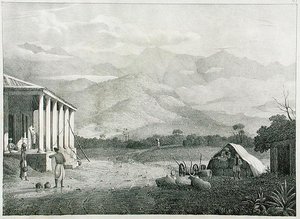 Seremoogy, nebo Streemoogy, Pass, Neelgherry Mountains, deska 1 z View of the Neilgherries nebo Blue Mountains of Coimbetoor, jižní Indie od kapitána McCurdyho, publikováno 1830 od Captain E. A. after McCurdy