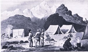 Camp in the Himalayas, from British Adventure vydané Collinsem od Captain E. P. Campbell