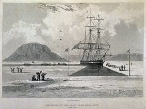 Odjezd člunů z Hecla Cove, 21. června 1827, z Journal of a Third Voyage for Discovery severozápadní plavby z Atlantiku do Pacifiku provedené v letech 1824-25 v H.M.s. od Captain George Francis Lyon