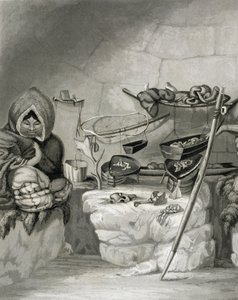 Interiér eskymácké sněhové chýše, Winter Island 1822, vyrytý hospodou Edwardem Francisem Findenem (1791-1857). John Murray, 1824