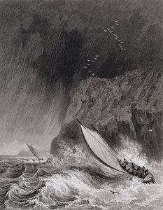 Lodě u ostrova Walden ve sněhové bouři, 12. srpna 1827, z časopisu Journal of a Third Voyage pro objev severozápadní plavby z Atlantiku do Pacifiku provedené v letech 1824-25