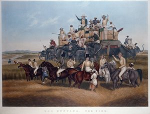 Hog Hunting: The Find, ryté a hospodské. od Messrs Fores, kolem roku 1840 (barevná rytina) od Captain John (after) Platt