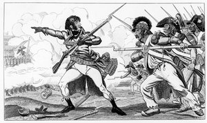 Dobrovolníci v Sabotech v bitvě u Valmy, 20. září 1792, ilustrace z „Histoires de la Revolution Francoise“ od Louise Blanca, rytina S. Krakow od Caran d Ache