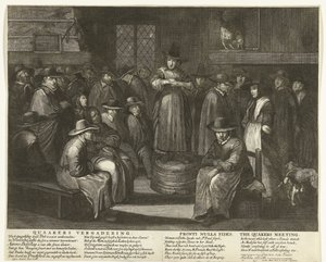 Karikatura anglických kvakerů, kolem roku 1656 Setkání kvakerů / Fronti Nulla Fides / Setkání kvakerů (název na objektu)