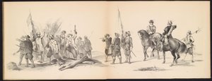 Maškaráda leidenských studentů, 1850 (deska 12) Intogt Frederika Hendrika v Hertogenboschi v roce 1629: kostýmovaná reprezentace H.H. studenti Leydsche Hoogeschool den XI Junij z roku 1850 (název série na objektu) od Carel Christiaan Antony Last