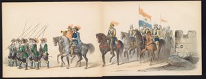 Maškaráda leidenských studentů, 1850 (deska 13) Intogt Frederika Hendrika v Hertogenboschi v roce 1629: kostýmovaná reprezentace H.H. studenti Leydsche Hoogeschool den XI Junij z roku 1850 (název série na objektu) od Carel Christiaan Antony Last