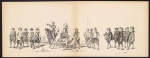 Maškaráda leidenských studentů, 1850 (deska 2) Intogt Frederika Hendrika v Hertogenboschi v roce 1629: kostýmovaná reprezentace H.H. studenti Leydsche Hoogeschool den XI Junij z roku 1850 (název série na objektu) od Carel Christiaan Antony Last
