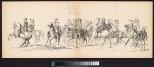 Maškaráda leidenských studentů, 1850 (deska 4) Intogt Frederika Hendrika v Hertogenboschi v roce 1629: kostýmovaná reprezentace H.H. studenti Leydsche Hoogeschool den XI Junij z roku 1850 (název série na objektu) od Carel Christiaan Antony Last